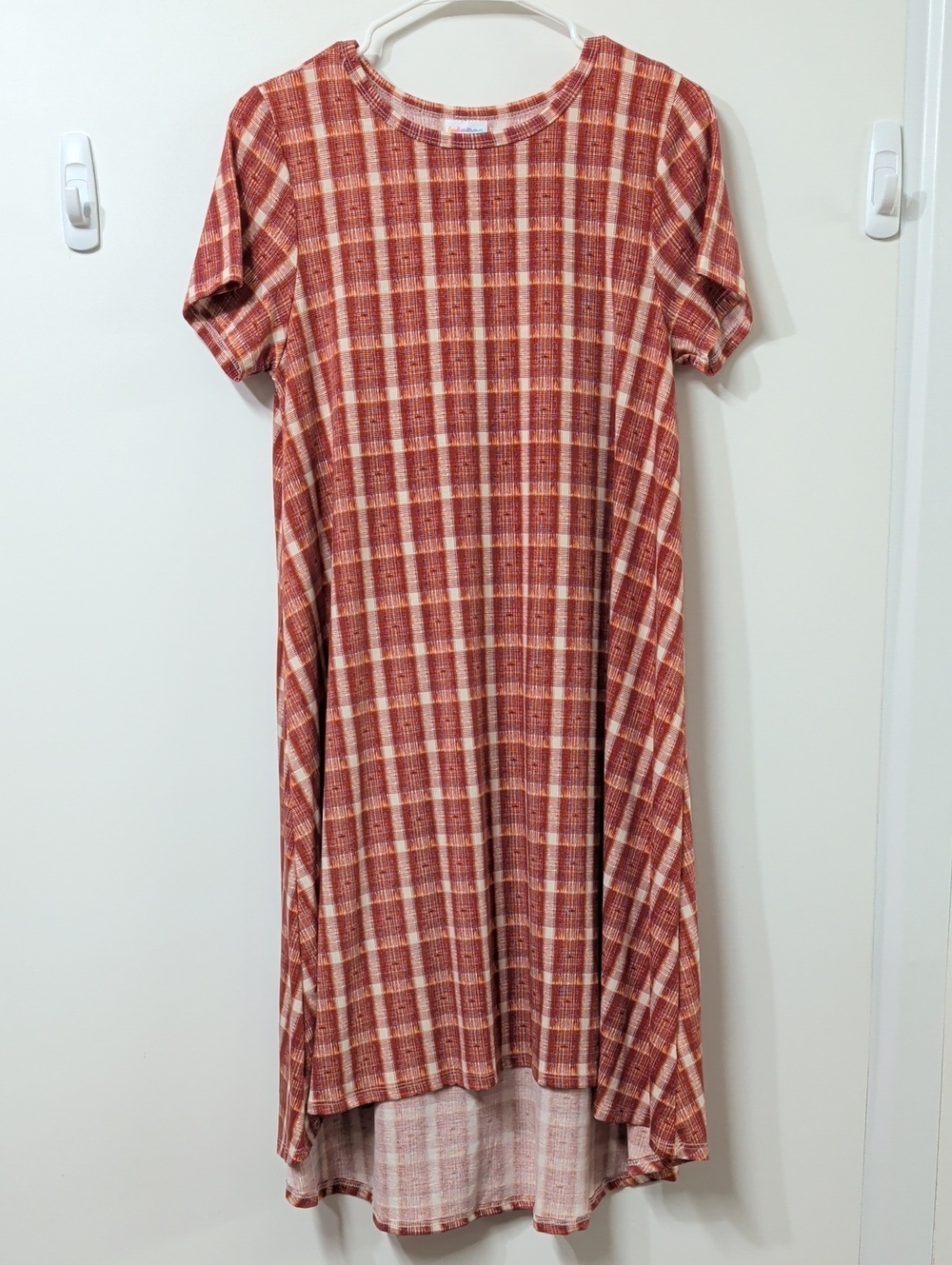 LuLaRoe Carly Red Plaid Asymmetrical T-Shirt Dress Size Small NWOT
